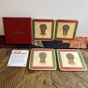 BOXED SET OF FOUR (4) VILLEROY BOCH COASTERS CRANBERRY WINTERTIME CORK